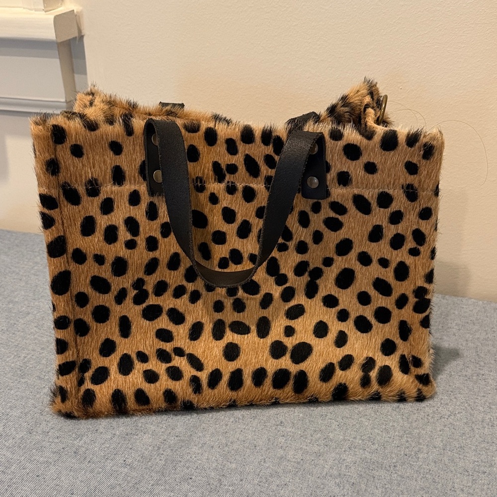 Faux Fur Cheetah Print Tote Bag with Black Handles